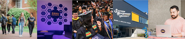 Photo montage including SNHU Esports Arena and SNHU athletics arena as well as students on campus, at graduation, and at home on laptop.
